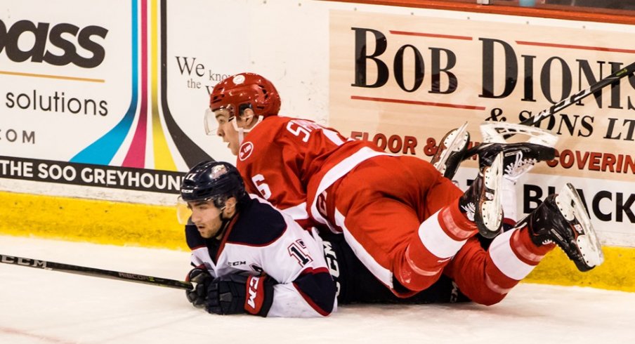 Jordan Sambrook in first round playoff action against the Saginaw Spirit