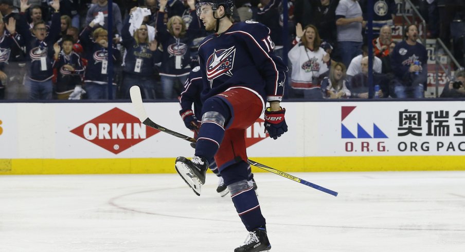 Pierre-Luc Dubois celebrates scoring a goal during the 2017-18 playoffs