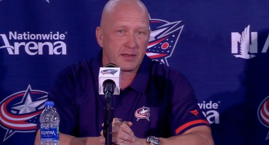 Columbus Blue Jackets general manager Jarmo Kekalainen addresses the media at media day in Columbus, Ohio.