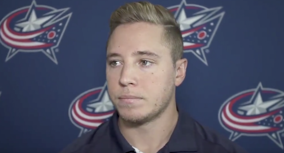 Blue Jackets forward Cam Atkinson addresses the media at Nationwide Arena.