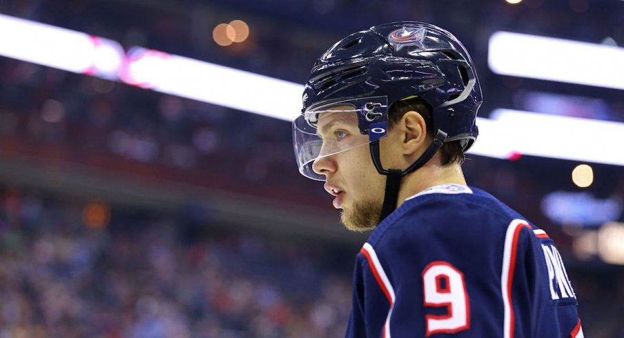 Blue Jackets forward Artemi Panarin skates during warm-up at Nationwide Arena.