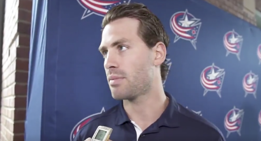 Blue Jackets forward Boone Jenner speaks to the media during Media Day at Nationwide Arena.