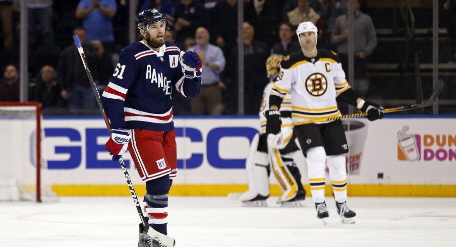 New York Ranger Rick Nash celebrates a goal against the Boston Bruins