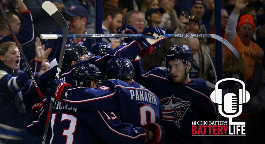 The Columbus Blue Jackets celebrate a goal against the Detroit Red Wings at Nationwide Arena.
