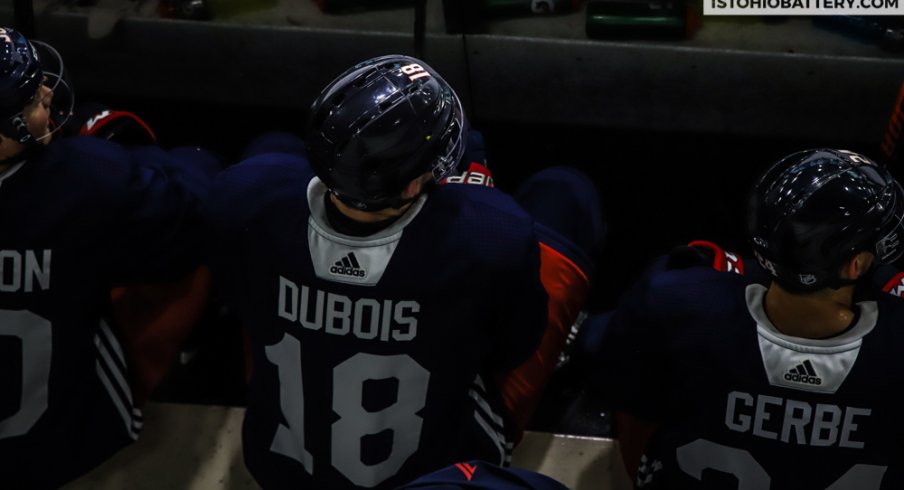 Blue Jackets center Pierre-Luc Dubois awaits his turn during a training camp scrimmage at the OhioHealth Ice Haus.