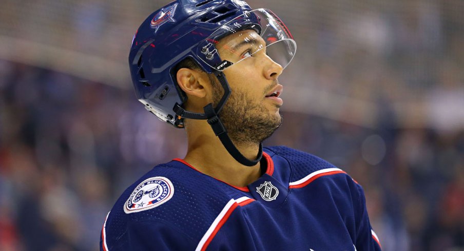 Columbus Blue Jackets defenseman Seth Jones looks on during a game against the Dallas Stars at Nationwide Arena.