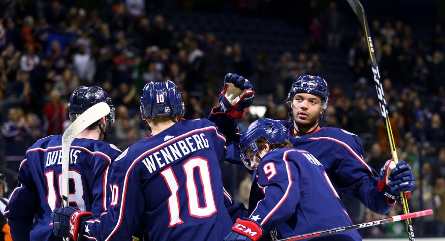 The Columbus Blue Jackets celebrate a power play goal scored at Nationwide Arena.