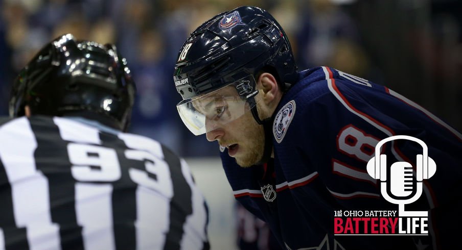 Columbus Blue Jackets center Pierre-Luc Dubois prepares for a face-off against the Washington Capitals at Nationwide Arena.