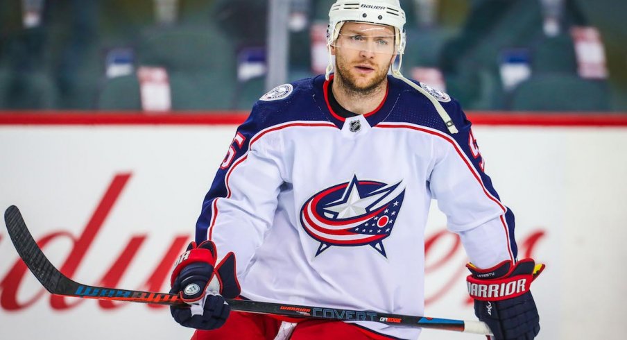 Columbus Blue Jackets center Mark Letestu skates during warm-ups at Scotiabank Saddledome in Calgary, Alberta.