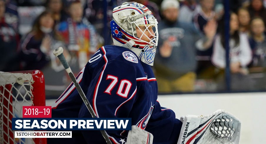 Columbus Blue Jackets goaltender Joonas Korpisalo warms up before Game 3 of the 2018 Stanley Cup playoffs at Nationwide Arena.