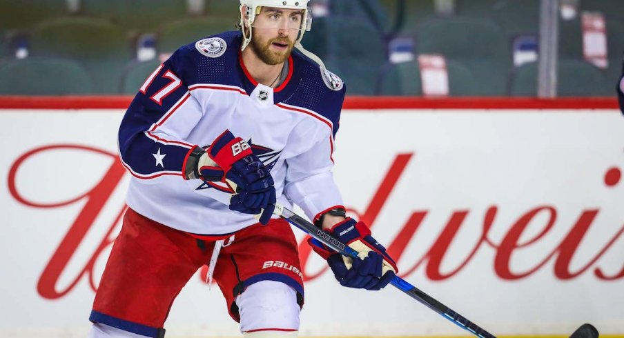 Columbus Blue Jackets center Brandon Dubinsky skates during warm-ups.