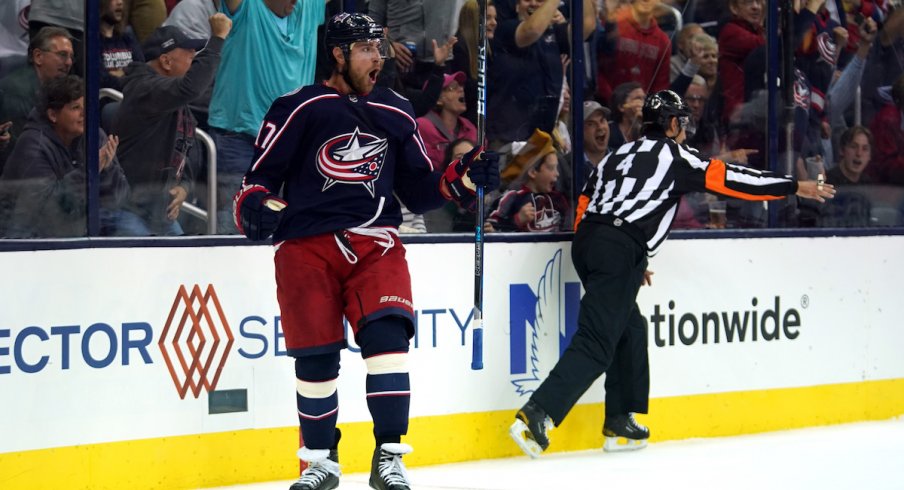 Columbus Blue Jackets center Brandon Dubinsky celebrates a goal scored against the Carolina Hurricanes on opening night at Nationwide Arena.