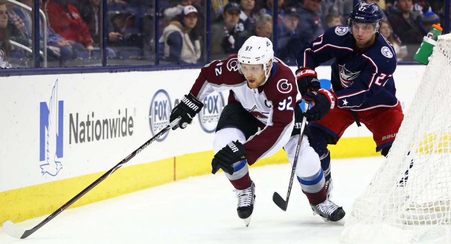 Columbus Blue Jackets defenseman Ryan Murray defends against Colorado Avalanche forward Gabriel Landeskog during a game at Nationwide Arena.