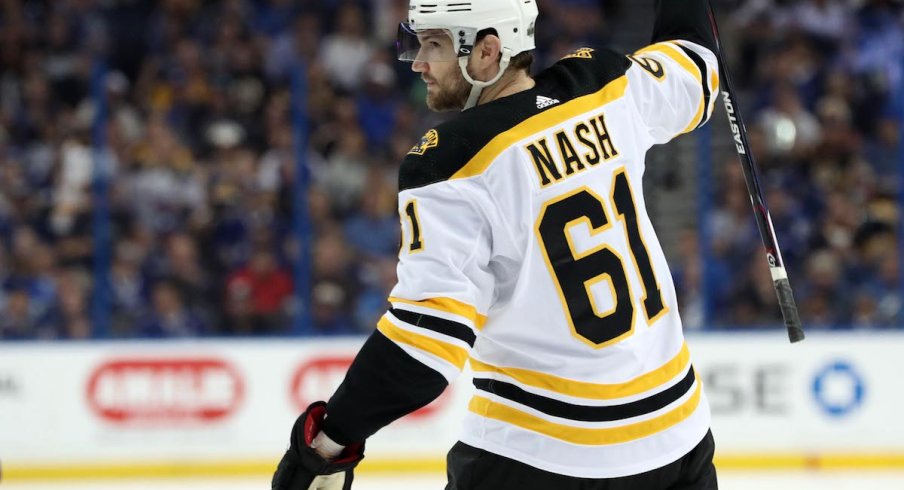 Boston Bruins forward and former Columbus Blue Jackets captain Rick Nash celebrates a Stanley Cup playoffs goal.