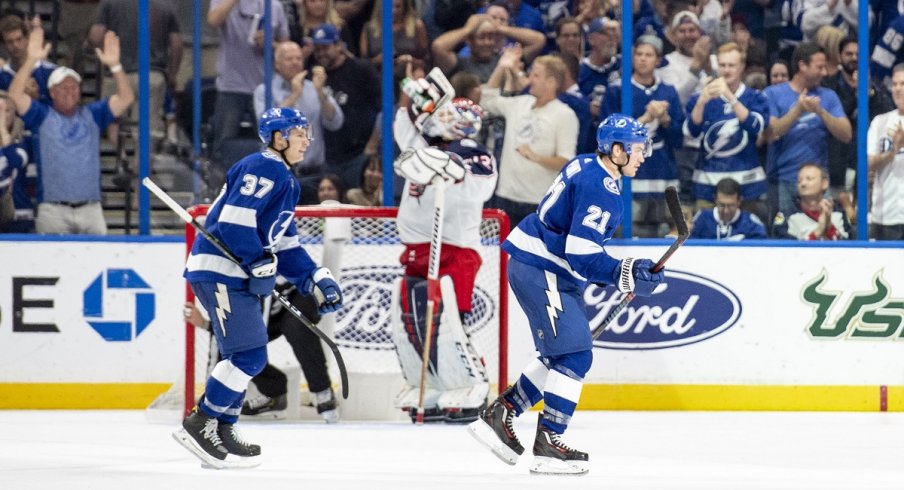 Columbus Blue Jackets goaltender Sergei Bobrovsky takes a break after giving up a power play goal against the Tampa Bay Lightning.