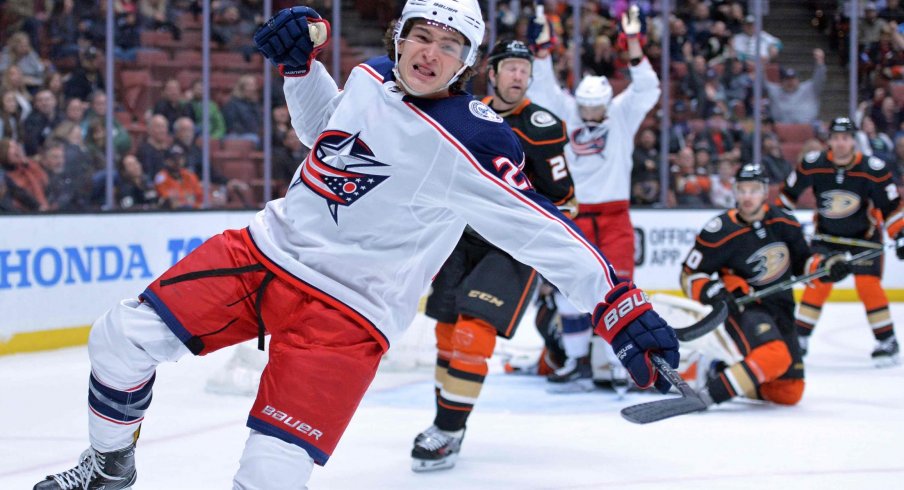 Columbus Blue Jackets forward Sonny Milano celebrates after scoring a goal against the Anaheim Ducks at Honda Center.