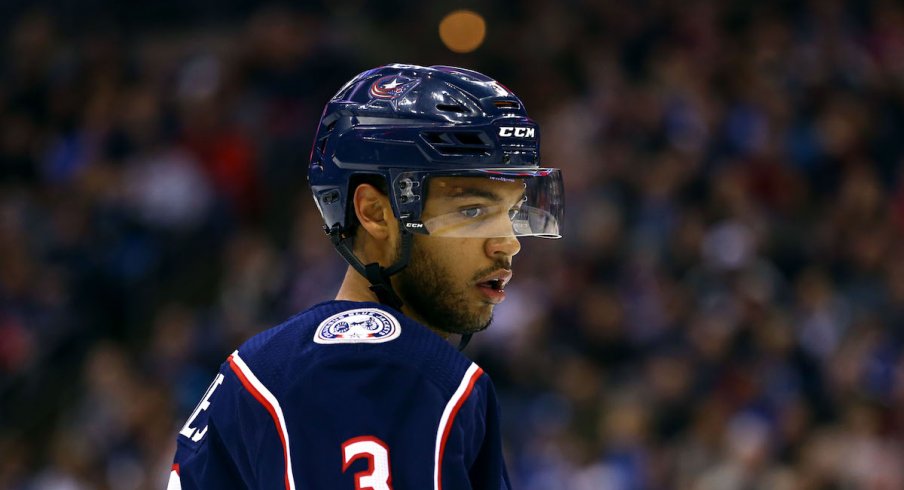 Columbus Blue Jackets defenseman Seth Jones looks on during a game against the New York Rangers at Nationwide Arena in Columbus, Ohio.
