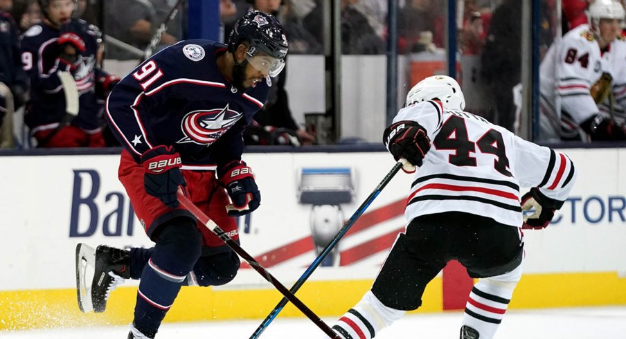 Anthony Duclair skates for the Columbus Blue Jackets against the Chicago Blackhawks