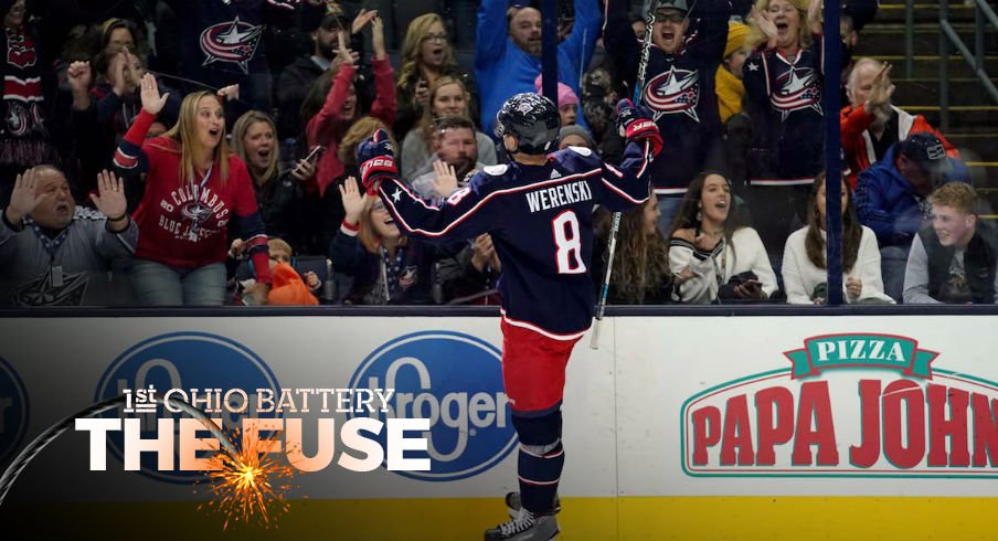 Columbus Blue Jackets defenseman Zach Werenski celebrates a first period goal against the Chicago Blackhawks at Nationwide Arena.