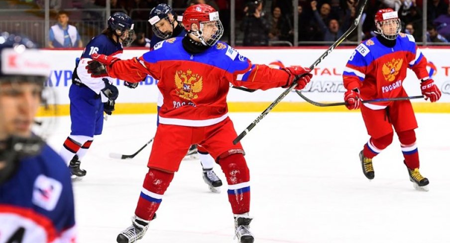 Kirill Marchenko celebrates a goal against Slovakia at the Under-18 World Championships