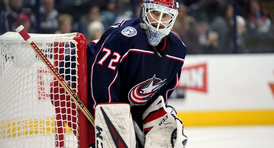 Columbus Blue Jackets goaltender Sergei Bobrovsky looks on during a game against the Arizona Coyotes at Nationwide Arena.