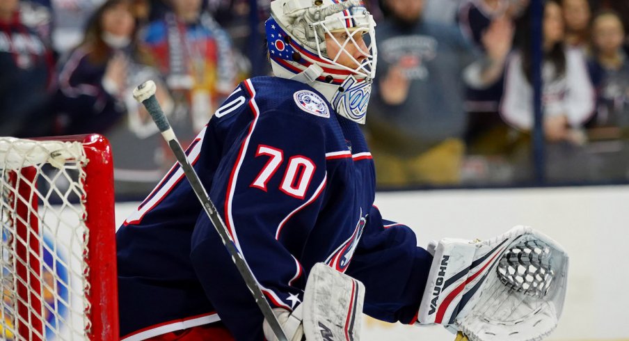 Columbus Blue Jackets goaltender Joonas Korpisalo takes warm-ups at Nationwide Arena.