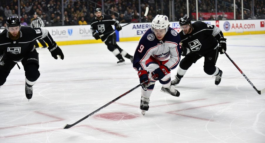 Artemi Panarin tracks down a puck as the Blue Jackets faced off against the Los Angeles Kings on March 1, 2018 at the Staples Center in Los Angeles.