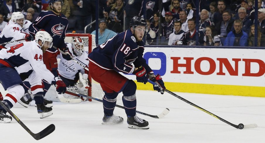 Pierre-Luc Dubois turns away from Brooks Orpik during the playoffs