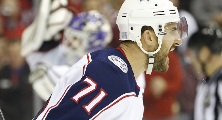 Columbus Blue Jackets captain Nick Foligno celebrates a power play goal scored against the Washington Capitals.