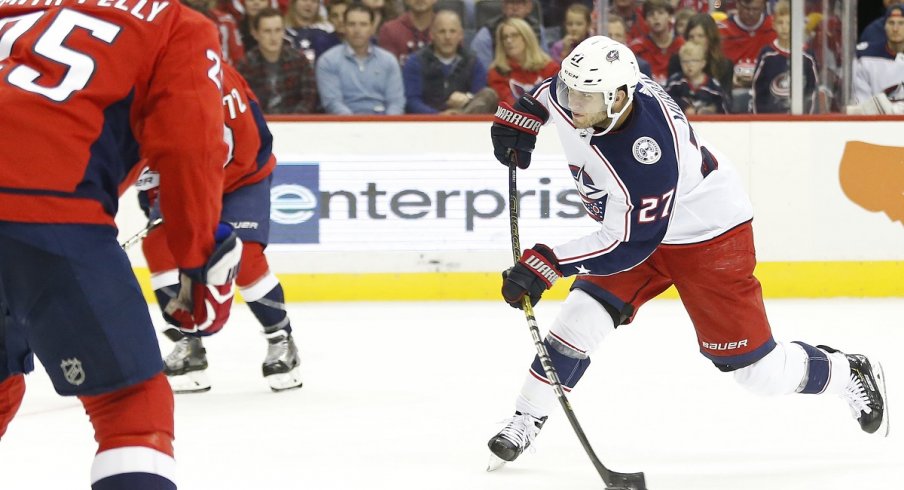 Ryan Murray rips a shot against the Washington Capitals in the second period at Capital One Arena.