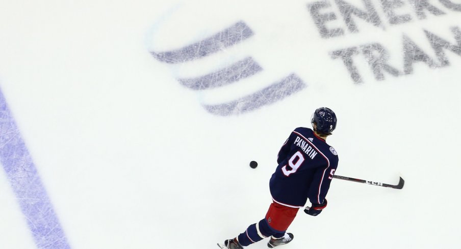 Columbus Blue Jackets forward Artemi Panarin takes warm-up at Nationwide Arena.