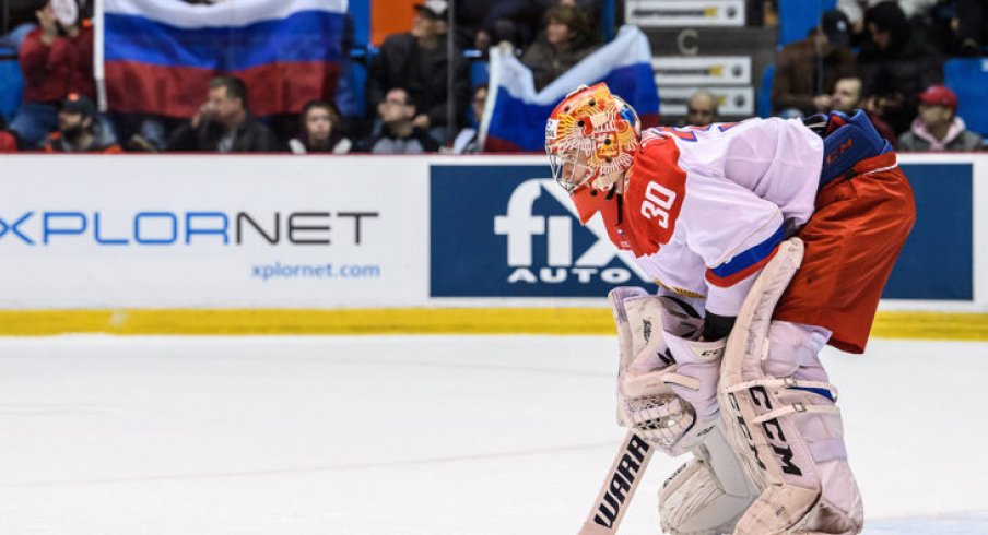 Daniil Tarasov prepares for Team QMJHL in Game 6 in the 2018 Canada-Russia Series 