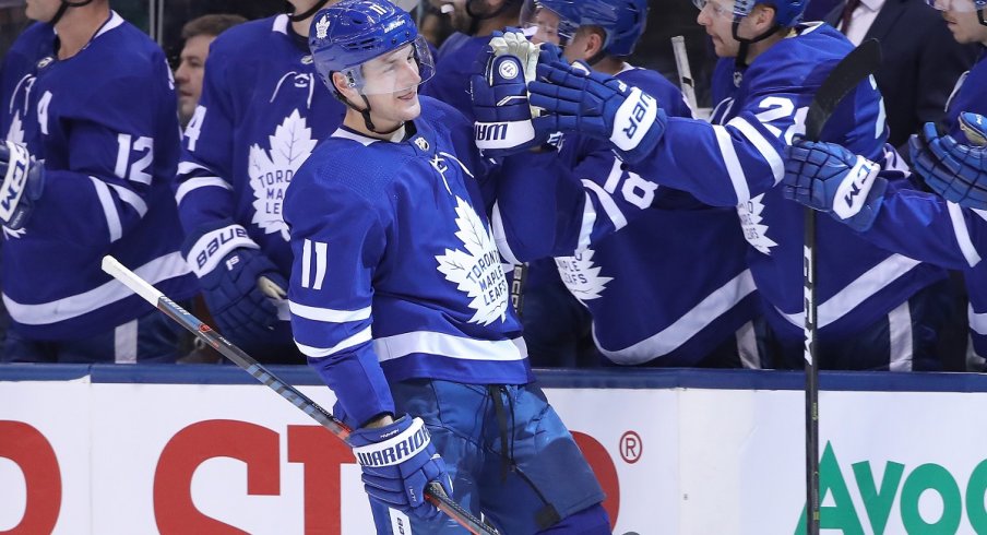 Toronto's Zach Hyman celebrates his game winning goal against the Columbus Blue Jackets on 11/19/2018.