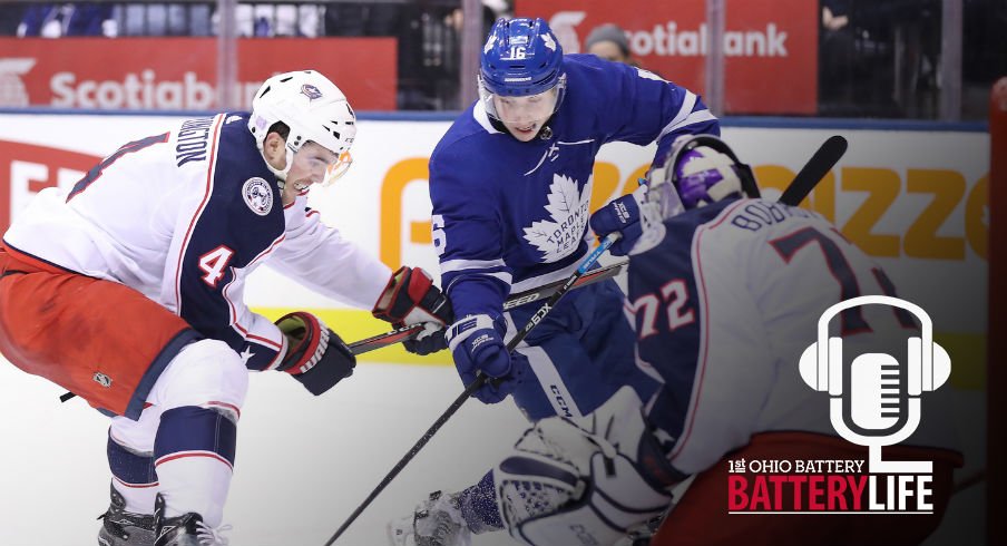 Mitch Marner drives in on Sergei Bobrovsky and Scott Harrington before he creates a goal.