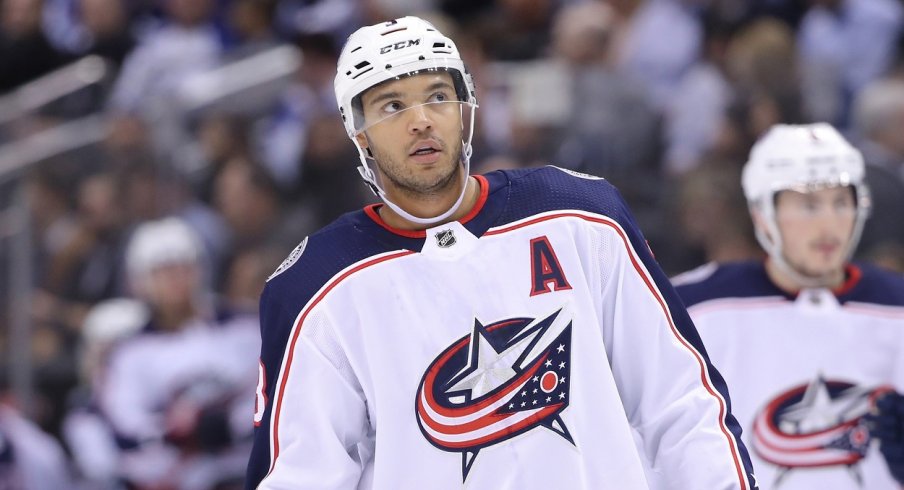 Seth Jones skates down the ice while the Blue Jackets take on the Toronto Maple Leafs