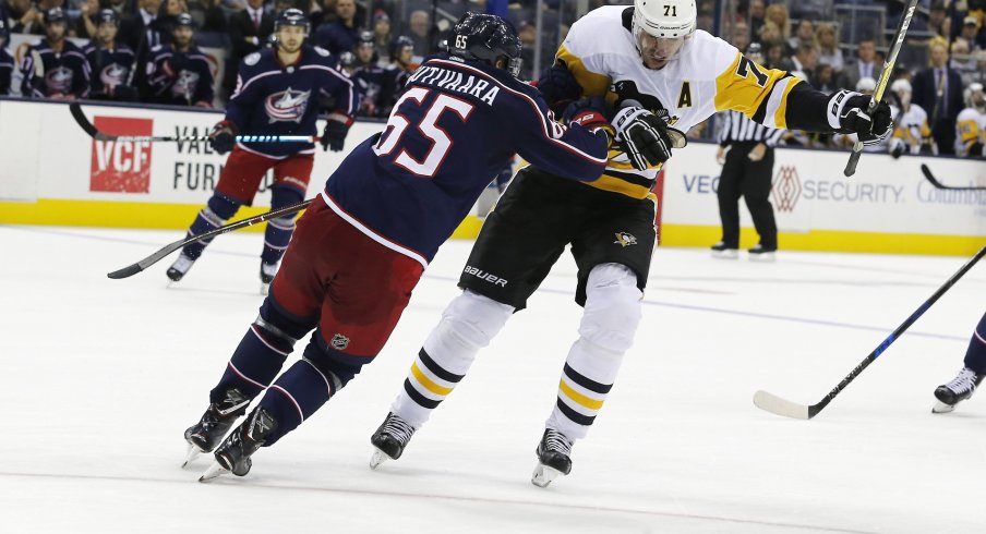 Markus Nutivaara takes on Evgeni Malkin in a game at Nationwide Arena