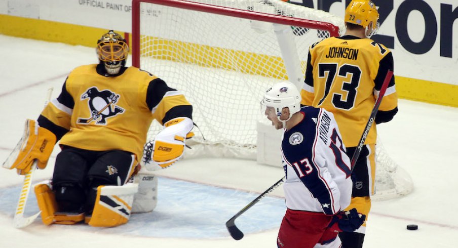 Columbus Blue Jackets forward Cam Atkinson celebrates scoring a goal in his seventh consecutive game, tying a Blue Jackets franchise record.