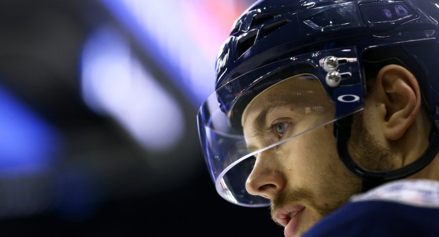 Columbus Blue Jackets forward Oliver Bjorkstrand looks on during a game against the Washington Capitals at Nationwide Arena.