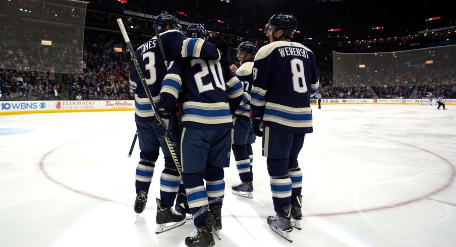 Riley Nash celebrates his first goal with the Columbus Blue Jackets