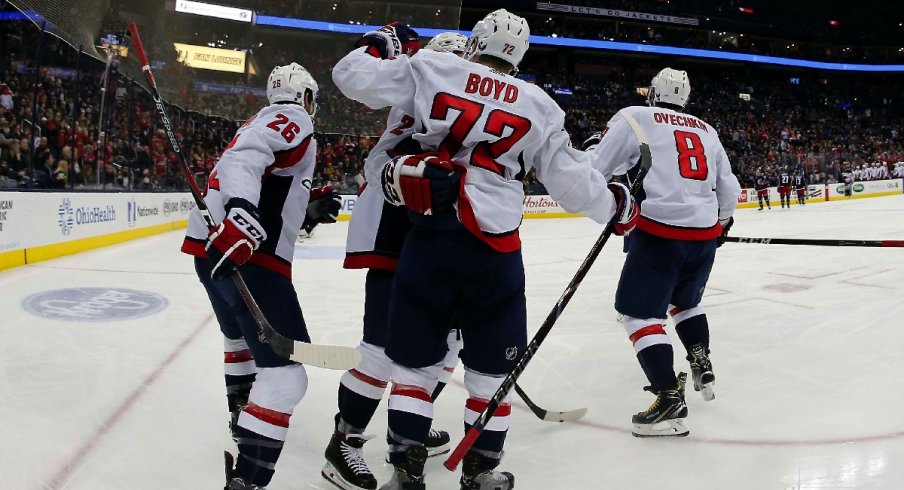 Travis Boyd celebrates a goal as the Washington Capitals easily defeated the Blue Jackets by a 4-0 score.