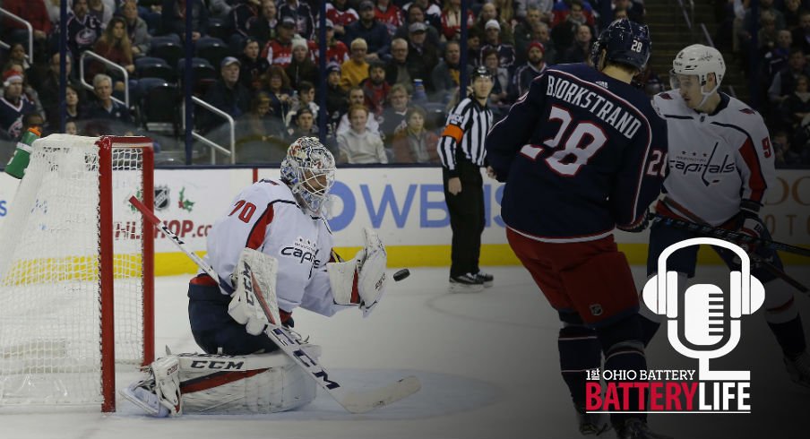 Oliver Bjorkstrand works to get a shot on goal against the Capitals Braden Holtby