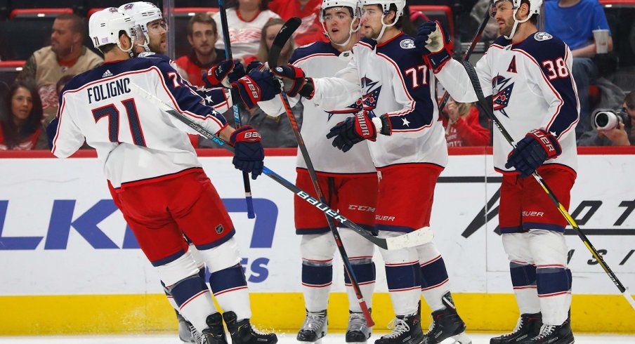 Josh Anderson celebrates with teammates after his goal against the Detroit Red Wings