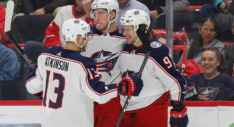 The Blue Jackets top power play unit celebrates a goal against the Detroit Red Wings