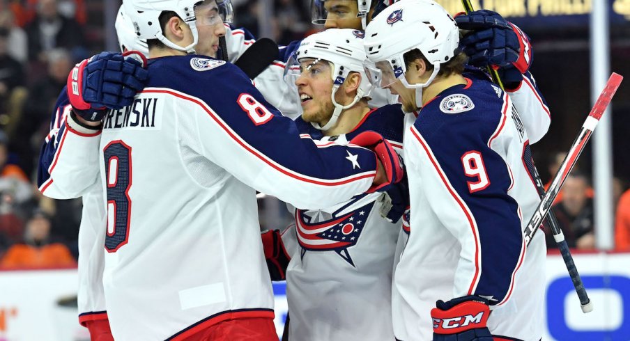 Columbus Blue Jackets defenseman Zach Werenski celebrates a goal against the Philadelphia Flyers at Wells Fargo Center.