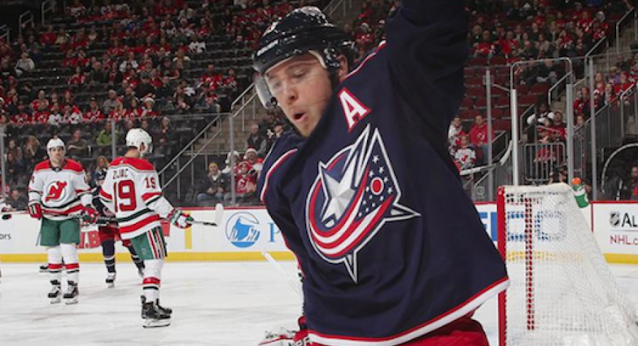 Cam Atkinson celebrates after scoring a goal in the first period against the New Jersey Devils.