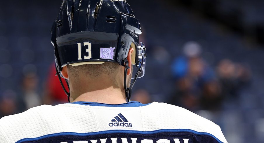 Columbus Blue Jackets forward Cam Atkinson looks on during warm-ups at Nationwide Arena.