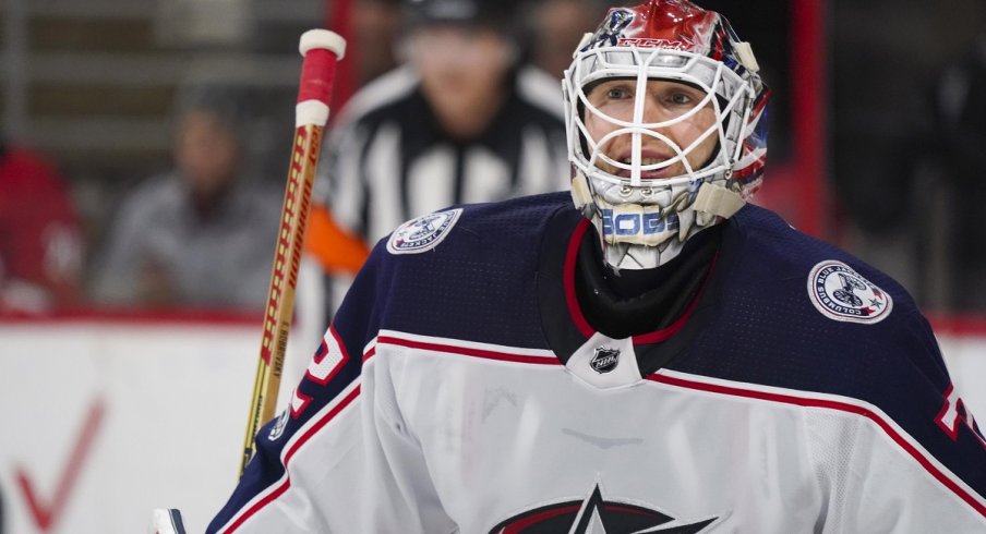 Sergei Bobrovsky looks on after giving up three goals in a 4-2 loss to the Carolina Hurricanes