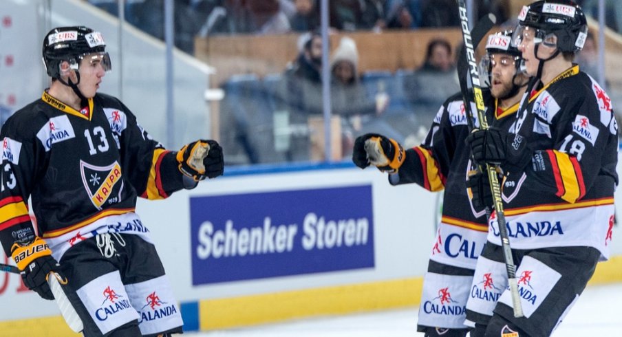 Alexandre Texier of KalPa Kuopio celebrates scoring a goal in the 2018 Spengler Cup