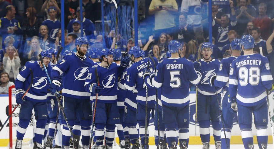 The Tampa Bay Lightning celebrate a victory on home ice. 