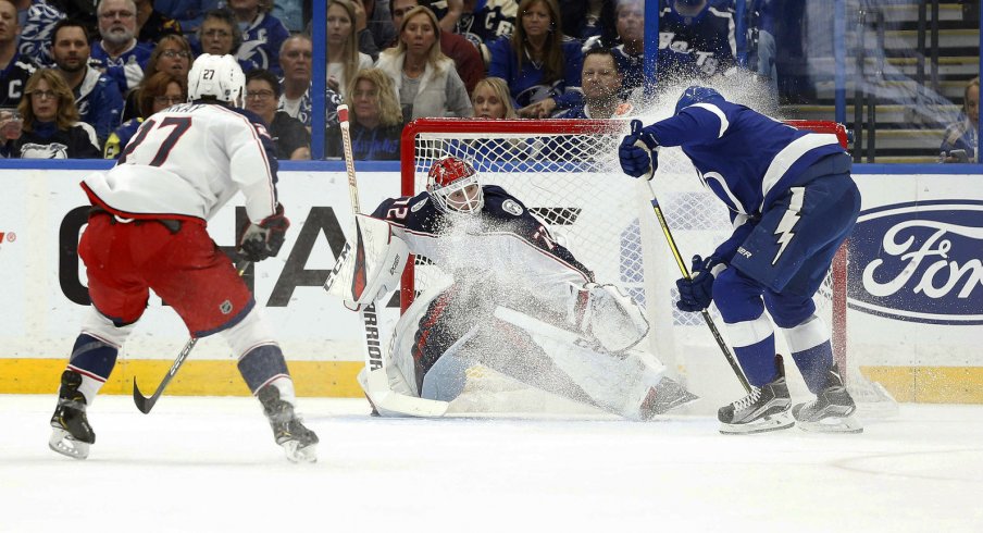 Tampa Bay Lightning Star Steven Stamkos fires a shot against Sergei Bobrovsky and the Columbus Blue Jackets